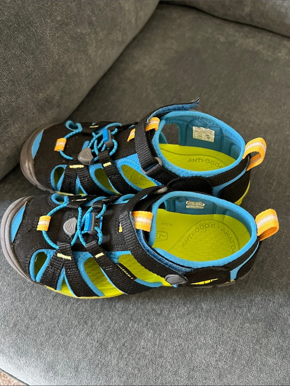Keen Kids Black and Blue Sport Sandals with Yellow Accents